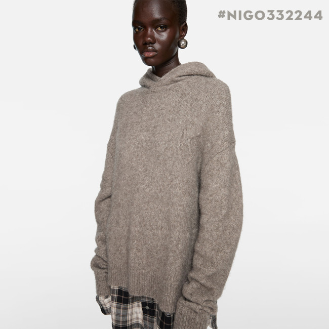 NIGO Acne Studios FW25 Women's Layered Wool Hoodie Beige Plaid Patchwork Sweater #nigo332244