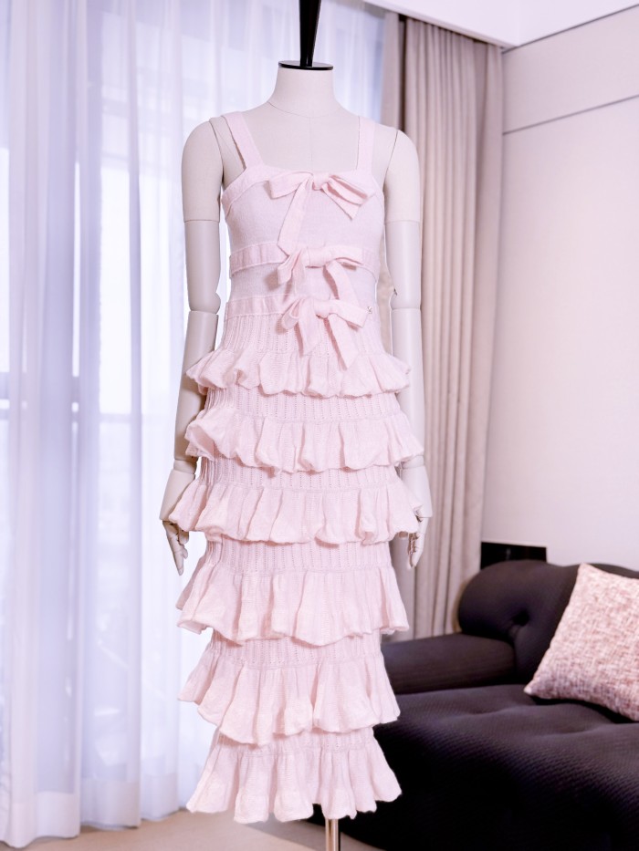 NIGO Chanel 25K Solid Color Pleated Knitted Design Suspender Long Dress Mohair And Silk Light Pink #nigo332234