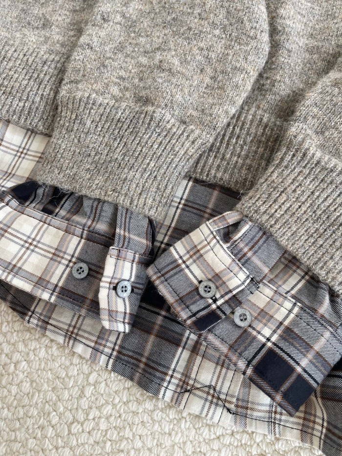 NIGO Acne Studios FW25 Women's Layered Wool Hoodie Beige Plaid Patchwork Sweater #nigo332244