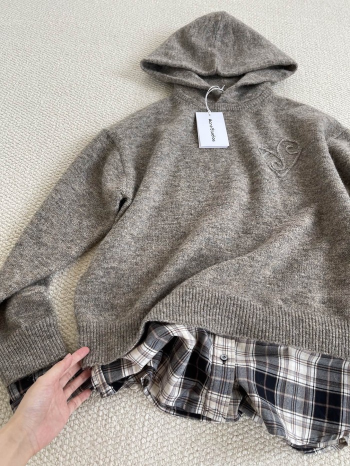NIGO Acne Studios FW25 Women's Layered Wool Hoodie Beige Plaid Patchwork Sweater #nigo332244