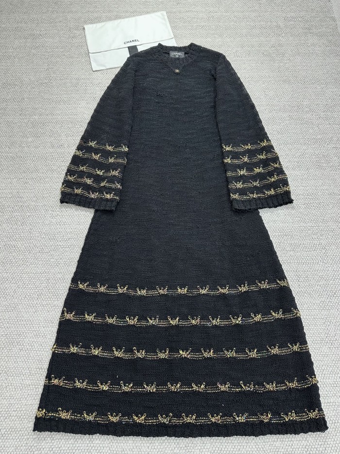 NIGO Chanel 25A Women's Long Dress Embroidered Virgin Wool Black and Gold #nigo332236