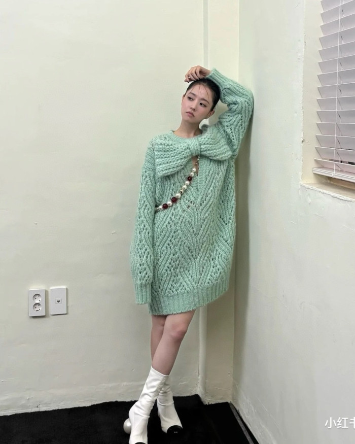 NIGO Chanel 25K Fall/Winter Haute Couture Collection Long Sleeves Short Dress Mohair And Wool Light Green #nigo332110