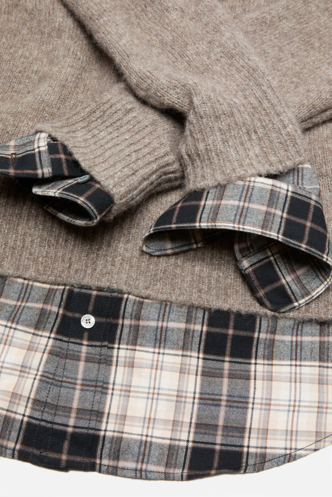 NIGO Acne Studios FW25 Women's Layered Wool Hoodie Beige Plaid Patchwork Sweater #nigo332244
