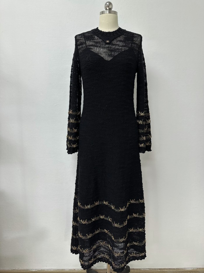 NIGO Chanel 25A Women's Long Dress Embroidered Virgin Wool Black and Gold #nigo332236
