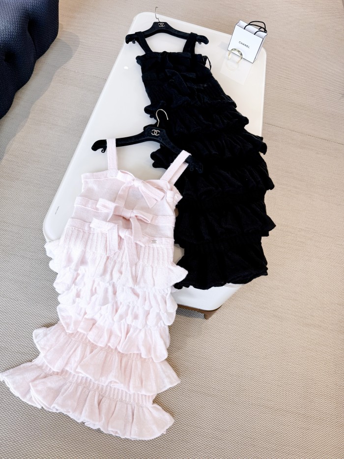 NIGO Chanel 25K Solid Color Pleated Knitted Design Suspender Long Dress Mohair And Silk Light Pink #nigo332234