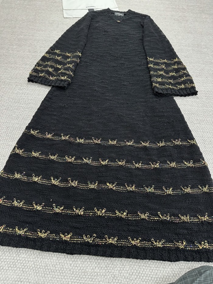 NIGO Chanel 25A Women's Long Dress Embroidered Virgin Wool Black and Gold #nigo332236