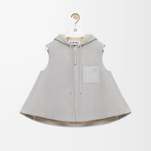 NIGO LOEWE Deppi Suede Brushed Beige Yellow Hair Brushed Hooded Fur Vest Shearling Hooded Vest #nigo332351 