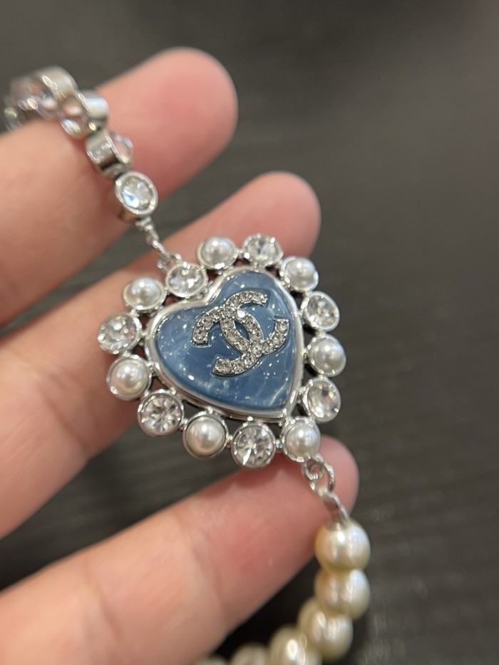 NIGO Chanel 25P New Blue Love Silver Full Diamond Double C Pearl Sweater Chain Advanced Resin #nigo317343