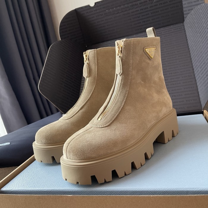 PRADA  Desert Yellow Suede Booties with Zip Classic Triangle Logo British Style Retro Short Boots Cow Suede #nigo330178
