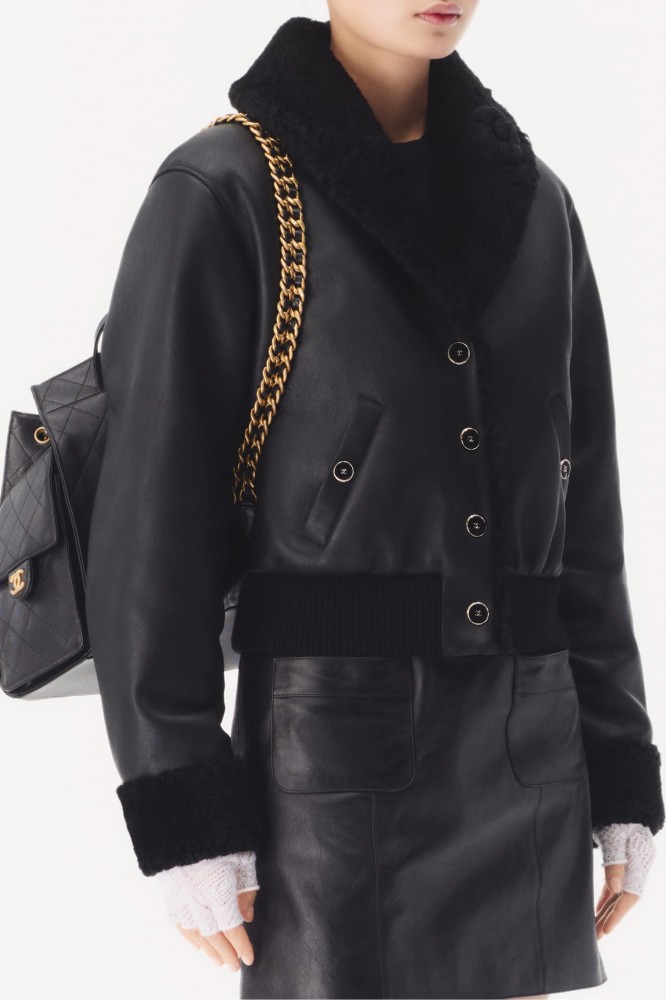 NIGO Chanel 25FW Tunic Jacket Reversible Shearling Black Merino Wool Women's Warm Retro Leather Jacket #nigo332447
