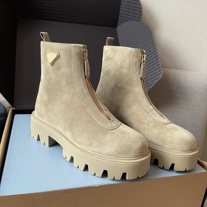 PRADA  Desert Yellow Suede Booties with Zip Classic Triangle Logo British Style Retro Short Boots Cow Suede #nigo330178