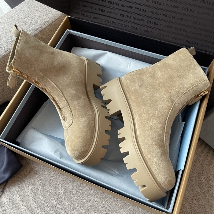 PRADA  Desert Yellow Suede Booties with Zip Classic Triangle Logo British Style Retro Short Boots Cow Suede #nigo330178