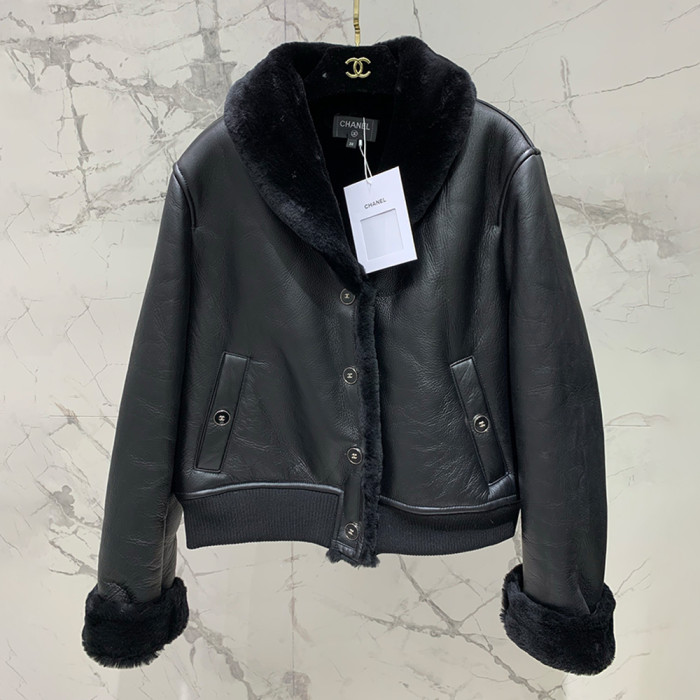 NIGO Chanel 25FW Tunic Jacket Reversible Shearling Black Merino Wool Women's Warm Retro Leather Jacket #nigo332447