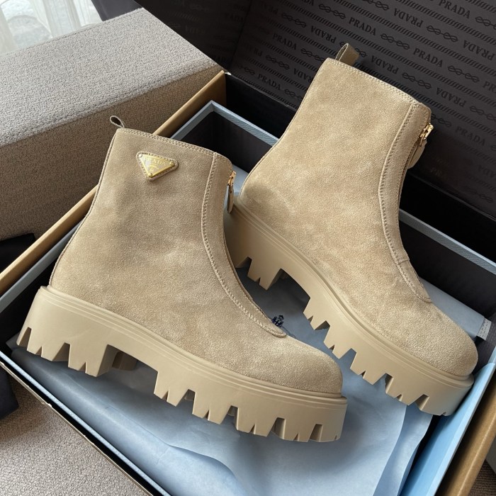PRADA  Desert Yellow Suede Booties with Zip Classic Triangle Logo British Style Retro Short Boots Cow Suede #nigo330178