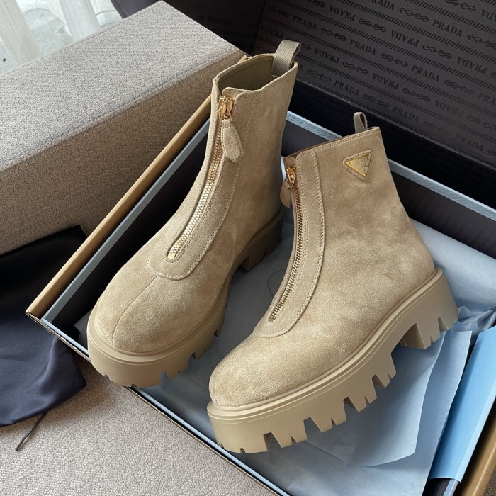 PRADA  Desert Yellow Suede Booties with Zip Classic Triangle Logo British Style Retro Short Boots Cow Suede #nigo330178