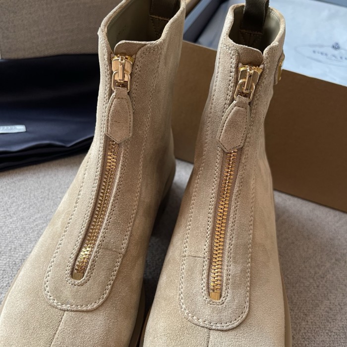 PRADA  Desert Yellow Suede Booties with Zip Classic Triangle Logo British Style Retro Short Boots Cow Suede #nigo330178