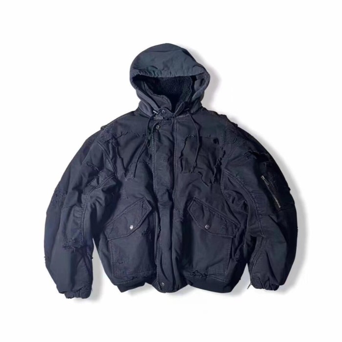 NIGO Balenciaga Men's Big Destruction Distressed Flight Suit Hooded Lamb collar zippered jacket #nigo332593