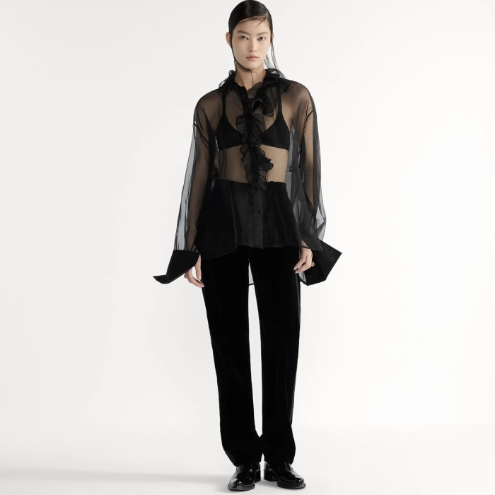 NIGO Dior Women's Translucent ShirtIn Black Mulberry Silk Organza Effect Fabric With Removable Ruffle Collar #nigo332636