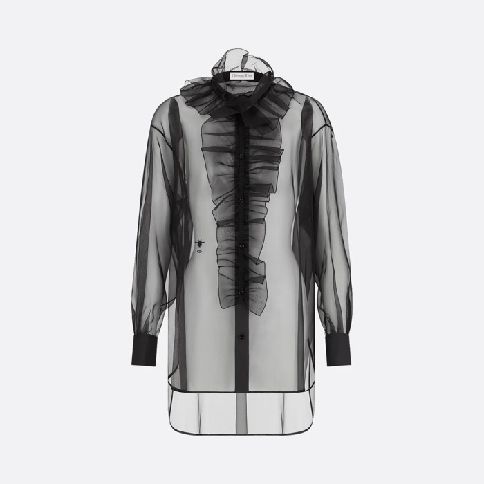 NIGO Dior Women's Translucent ShirtIn Black Mulberry Silk Organza Effect Fabric With Removable Ruffle Collar #nigo332636