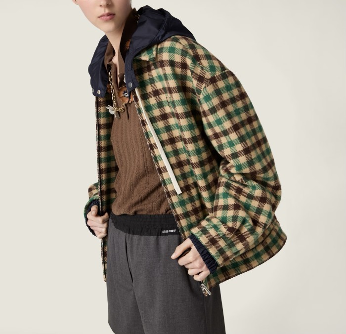 NIGO MiuMiu Women's Fall/Winter Lettering Eembroidered Logo Hood Zip Camel Green Navy Check and Technical Jacket #nigo332611
