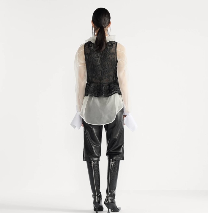 NIGO Dior Women's Translucent ShirtIn Black Mulberry Silk Organza Effect Fabric With Removable Ruffle Collar #nigo332636
