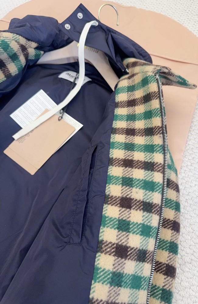 NIGO MiuMiu Women's Fall/Winter Lettering Eembroidered Logo Hood Zip Camel Green Navy Check and Technical Jacket #nigo332611