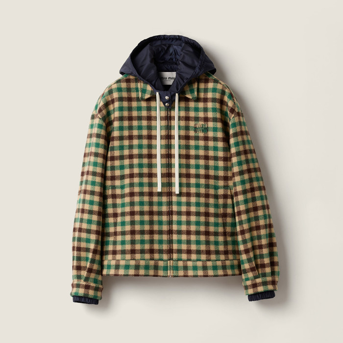 NIGO MiuMiu Women's Fall/Winter Lettering Eembroidered Logo Hood Zip Camel Green Navy Check and Technical Jacket #nigo332611