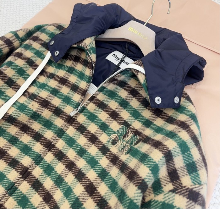 NIGO MiuMiu Women's Fall/Winter Lettering Eembroidered Logo Hood Zip Camel Green Navy Check and Technical Jacket #nigo332611