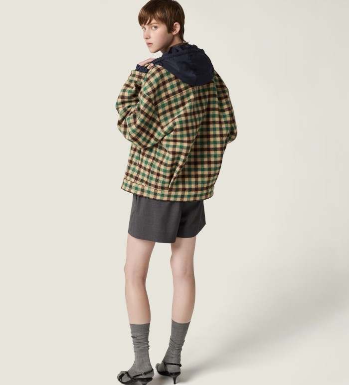 NIGO MiuMiu Women's Fall/Winter Lettering Eembroidered Logo Hood Zip Camel Green Navy Check and Technical Jacket #nigo332611