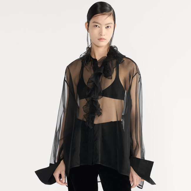 NIGO Dior Women's Translucent ShirtIn Black Mulberry Silk Organza Effect Fabric With Removable Ruffle Collar #nigo332636