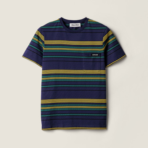 NIGO MiuMiu 25FW Women's Striped Short-sleeved T-shirt Yellow And Green Stripes Retro College Style Cotton Logo Pocket #nigo332610