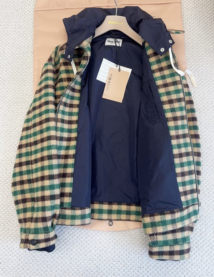 NIGO MiuMiu Women's Fall/Winter Lettering Eembroidered Logo Hood Zip Camel Green Navy Check and Technical Jacket #nigo332611