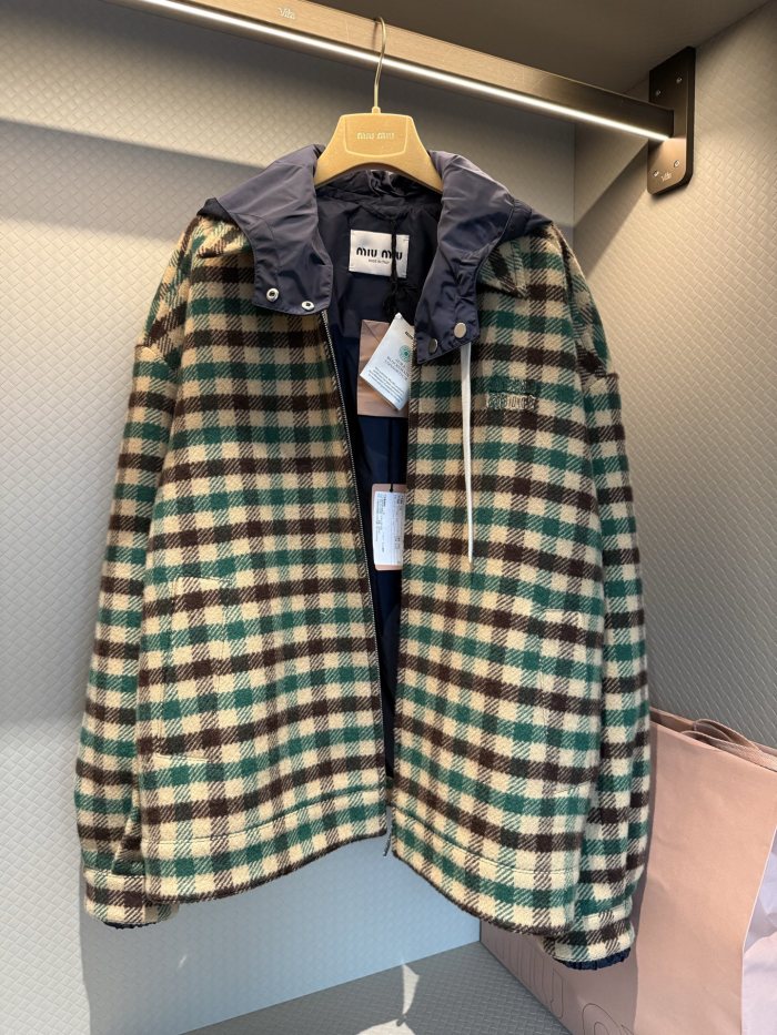 NIGO MiuMiu Women's Fall/Winter Lettering Eembroidered Logo Hood Zip Camel Green Navy Check and Technical Jacket #nigo332611