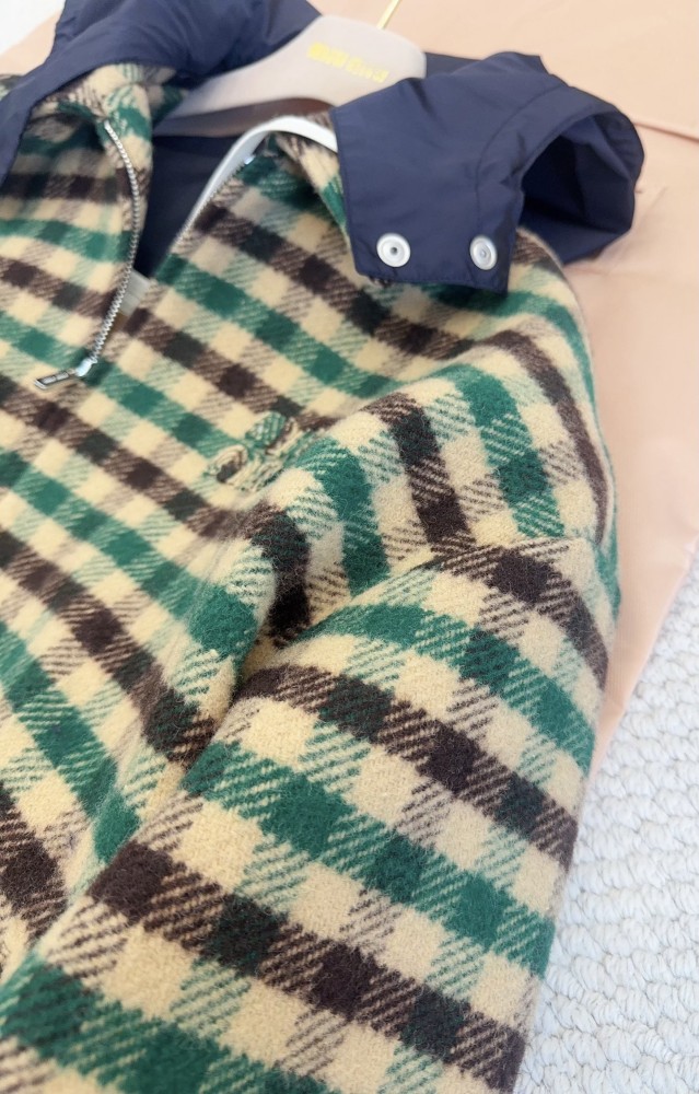 NIGO MiuMiu Women's Fall/Winter Lettering Eembroidered Logo Hood Zip Camel Green Navy Check and Technical Jacket #nigo332611