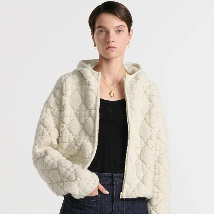 NIGO DiorZip Hooded Cardigan White Sheep Wool Blend Textured Knit Cannage #nigo332748