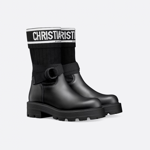NIGO Dior Women's D-Major Ankle Boots Black Calf Leather With Black And White Technical Jersey #nigo332813