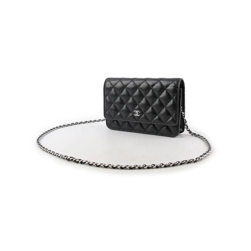 NIGO CHANEL Classic CC Logo Silver Buckle Lychee Leather Black #nigo332724