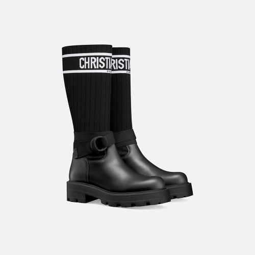 NIGO Dior Women's D-Major Ankle Boots Black Calf Leather With Black And White Technical Jersey #nigo332813