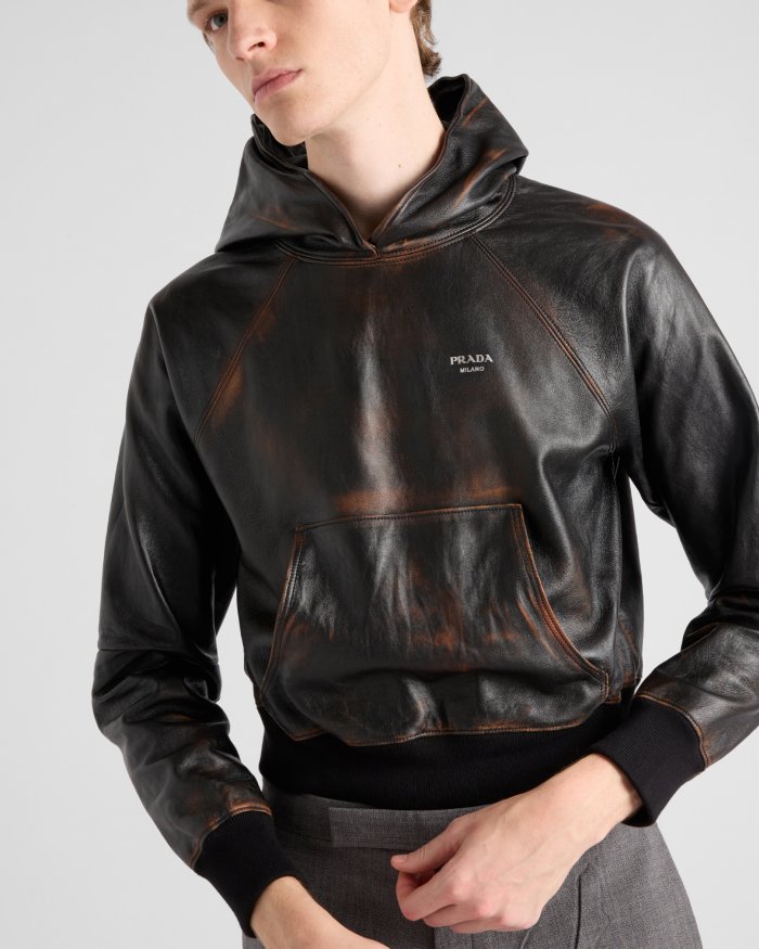 NIGO Prada SS25 Spring And Summer Men's Nappa Leather Hooded Raglan Long Sleeve Sweatshirt Leather Jacket #nigo332536