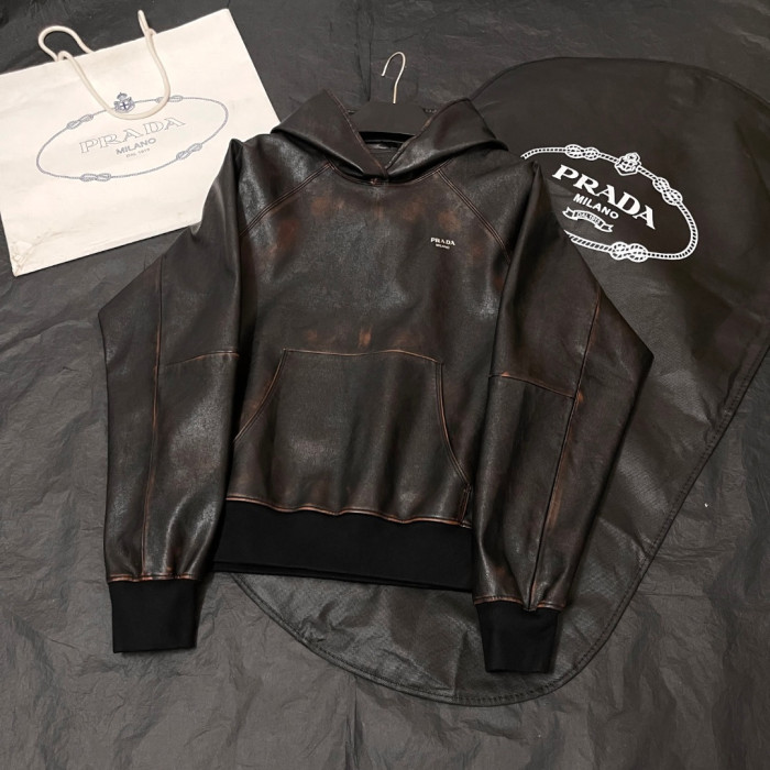 NIGO Prada SS25 Spring And Summer Men's Nappa Leather Hooded Raglan Long Sleeve Sweatshirt Leather Jacket #nigo332536