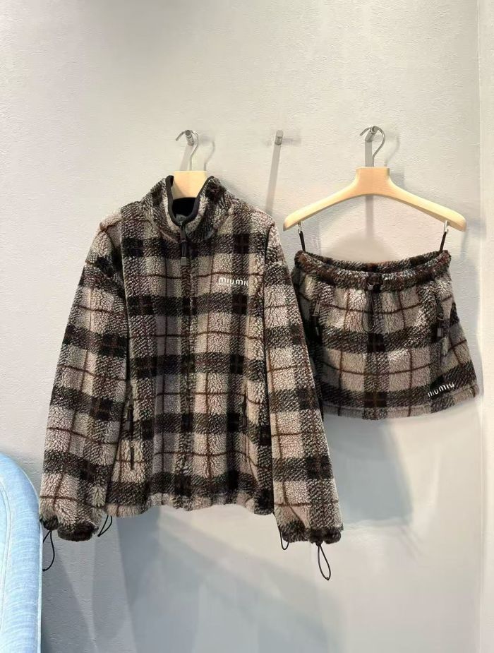 NIGO MIUMIU Gray Vintage Plaid Collar Wool Polar Fleece Jacket Short Skirt Set #nigo332477