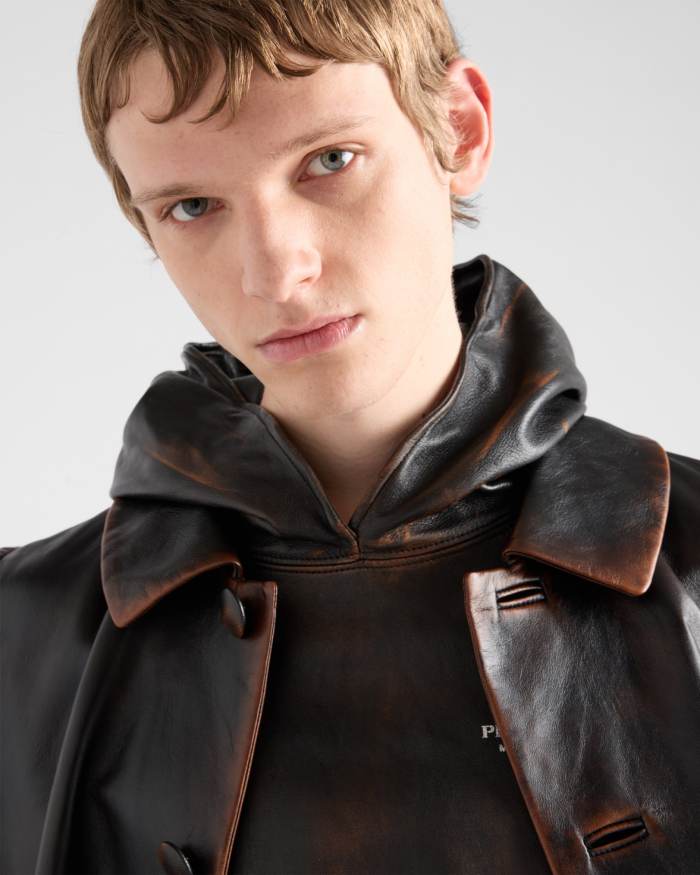 NIGO Prada SS25 Spring And Summer Men's Nappa Leather Hooded Raglan Long Sleeve Sweatshirt Leather Jacket #nigo332536