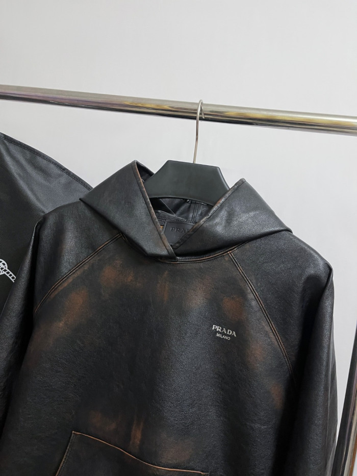 NIGO Prada SS25 Spring And Summer Men's Nappa Leather Hooded Raglan Long Sleeve Sweatshirt Leather Jacket #nigo332536