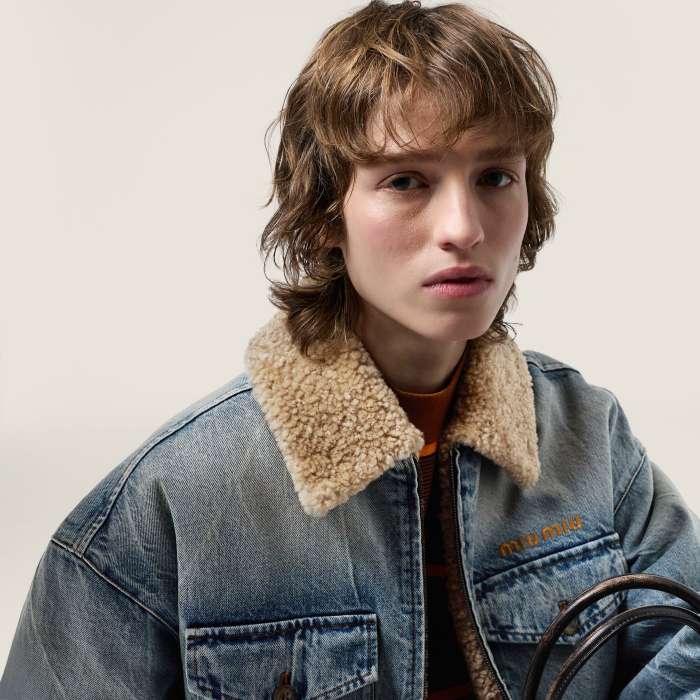 NIGO MiuMiu Denim and Wool Trucker Jacket Washed Embroidery Light Blue #nigo332979