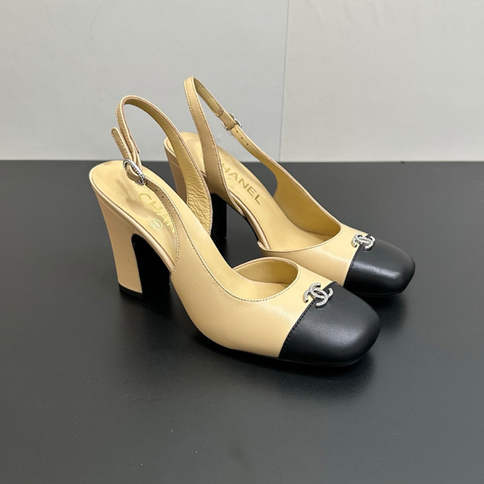 NIGO Chanel 9cm Heel Height Double C Thick Heel Back Hollow Color Block Stitching High Heel Sandals #nigo333233