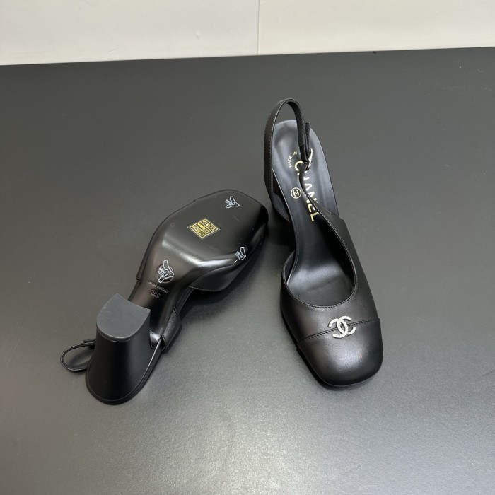 NIGO Chanel 9cm Heel Height Double C Thick Heel Back Hollow Color Block Stitching High Heel Sandals #nigo333233