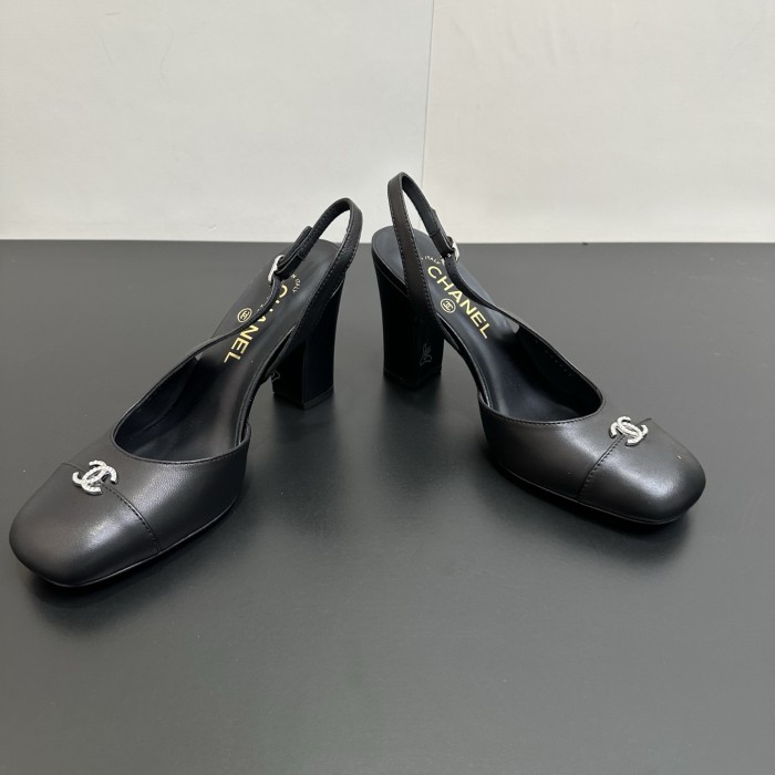 NIGO Chanel 9cm Heel Height Double C Thick Heel Back Hollow Color Block Stitching High Heel Sandals #nigo333233