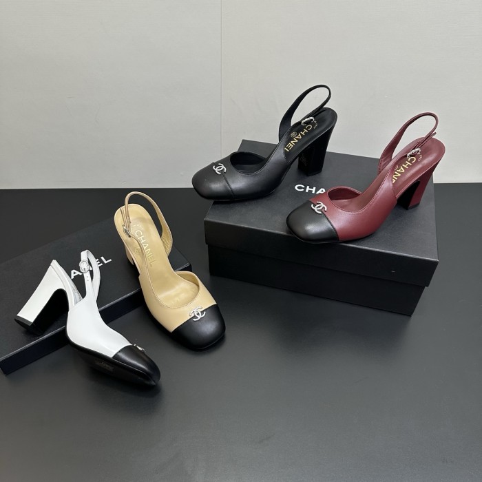 NIGO Chanel 9cm Heel Height Double C Thick Heel Back Hollow Color Block Stitching High Heel Sandals #nigo333233