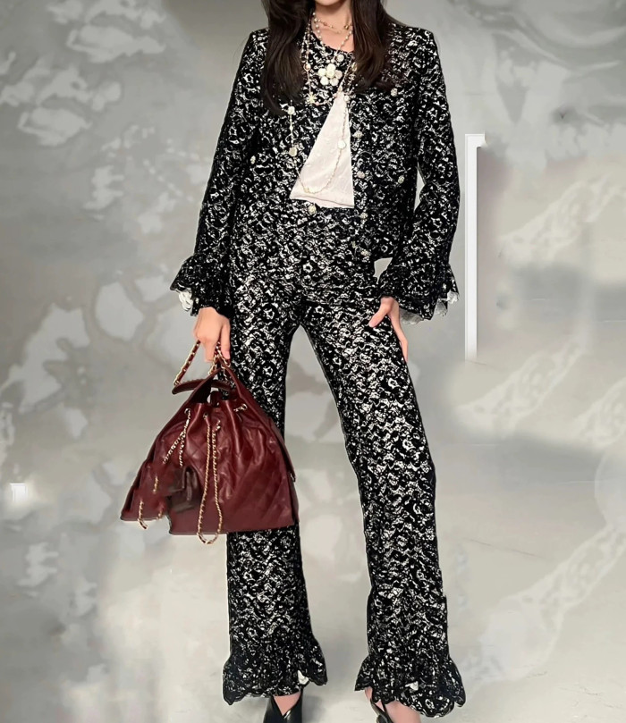 NIGO Chanel 25A Women's Advanced Handicraft Series Lace and Velvet Spliced ​​Cropped Jacket Pants  #nigo333009