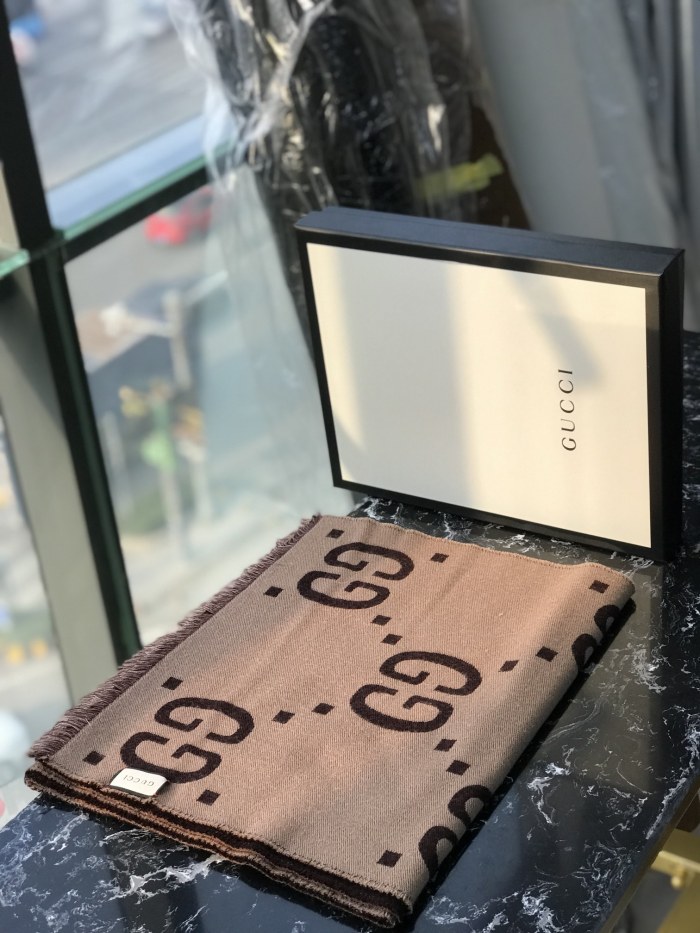 NIGO GUCCI Brown Beige GG Jacquard Wool Silk Scarf #nigo333605